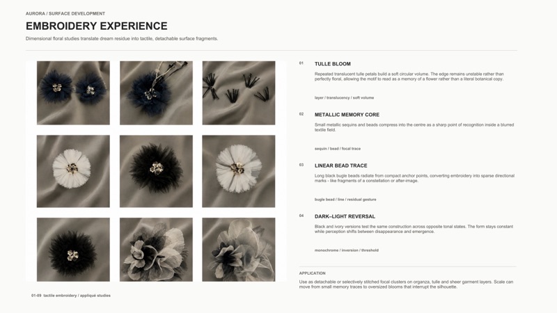 Embroidery experience: tulle bloom, metallic memory core and linear bead trace, nine tactile studies.