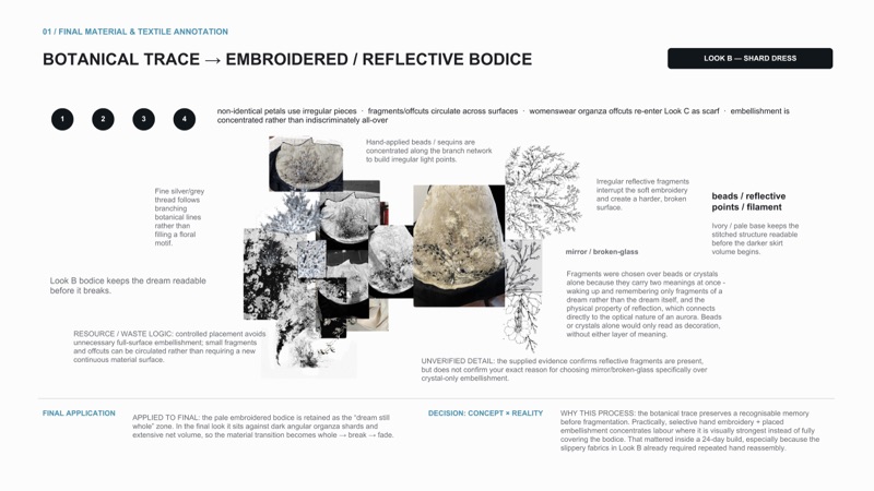 What survived into Look B: botanical trace embroidery with mirror fragments, the dream kept readable before it breaks.
