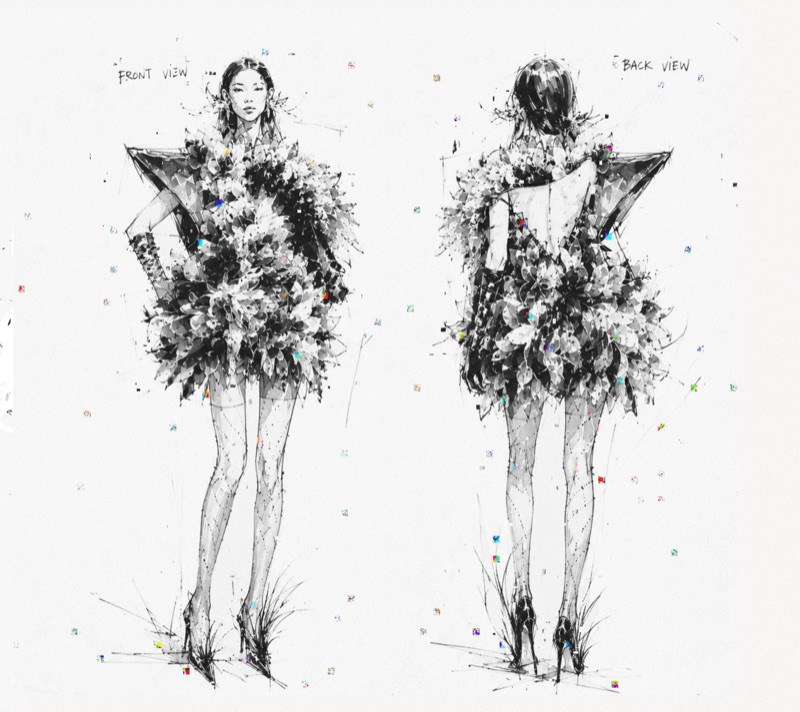 Look A illustration plate, front and back views of the petal dress.