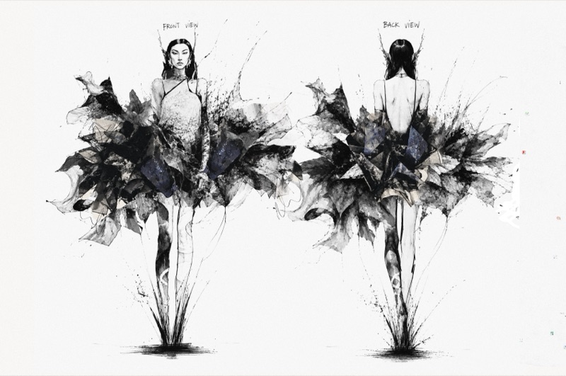 Look B illustration plate, front and back views of the shard dress.