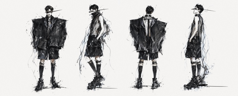 Look C illustration plate, four views of the menswear look.