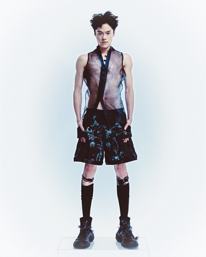 Look C, sheer aurora layer closest to the skin over the embroidered shorts.