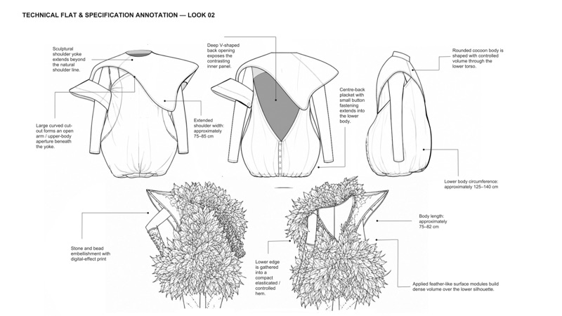 Technical flat and specification for Look A, the petal dress, with surface module notes.