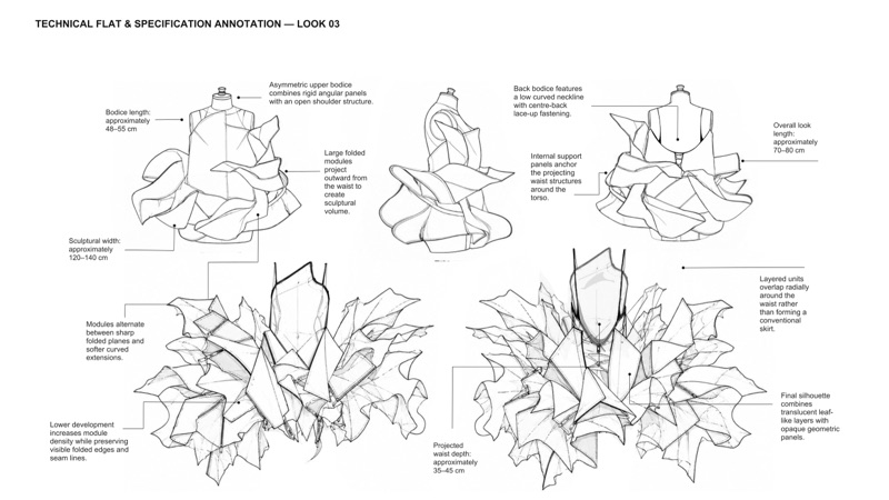 Technical flat and specification for Look B, the shard dress, folded modules and waist depth.