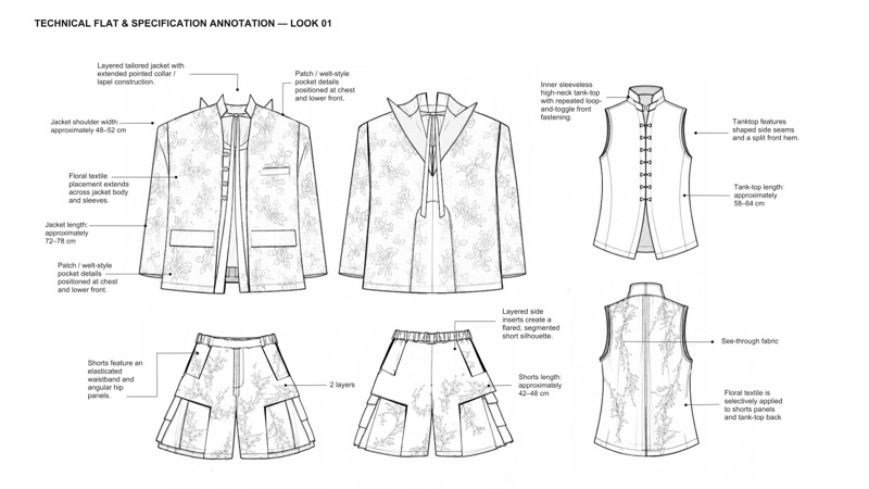 Technical flat and specification for Look C, the menswear jacket, tank top and shorts.