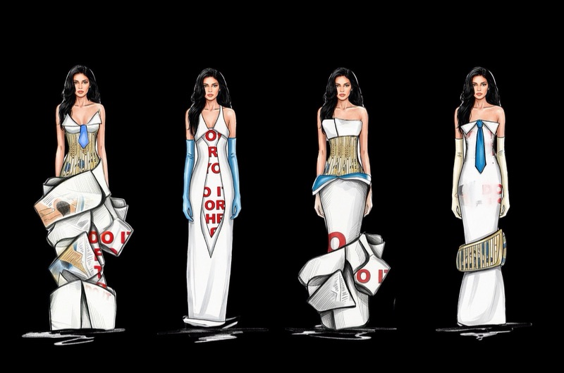 Illustrated line-up, front views of the collection in marker style