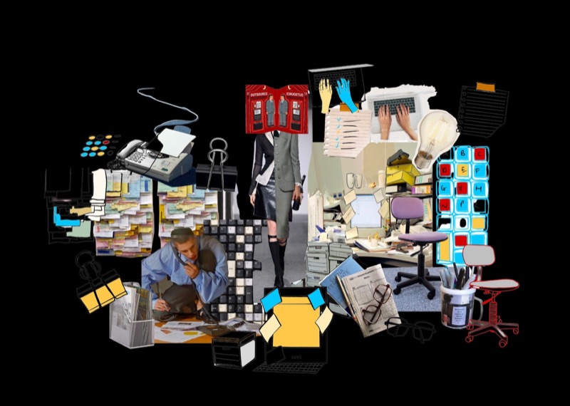 Black-background office-supply collage of a fax machine, binder clips and cluttered desk mixed with hand-illustrated shelf and chair graphics