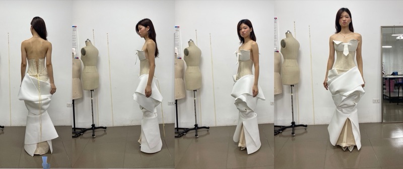 Four-up muslin toile fitting showing construction of the corset gown