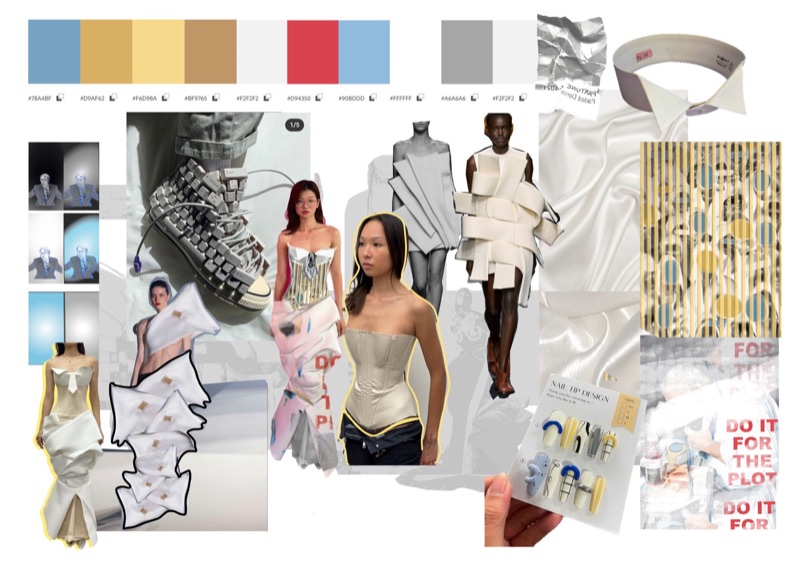 Development board: keyboard-key sneaker prop, the finished corset gown from two angles, hand-painted nail set, fabric swatch and color palette