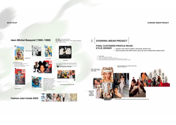 Research spread: Basquiat study, Kylie Jenner muse profile, 2025 trends.