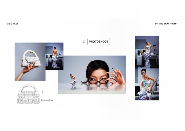 Photoshoot spread: the keyboard-key bag prop and desk-set styling shots.