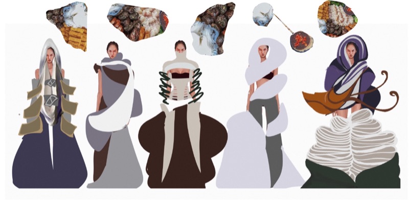 Illustrated line-up of the looks with cut-out dish ingredients
