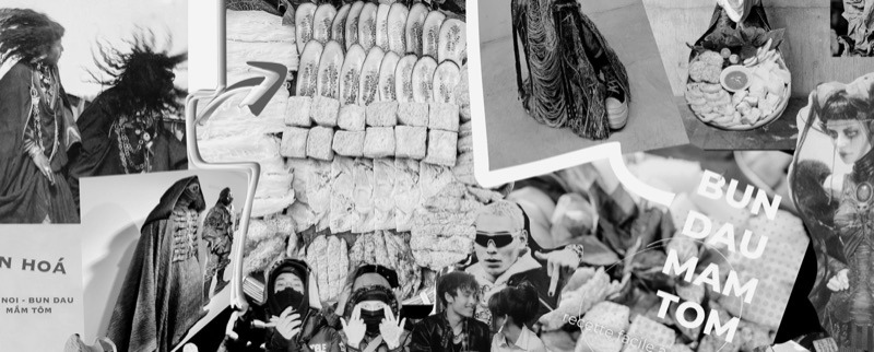 Black-and-white research board of windswept portraits, the fringed dip-dyed garment against raw concrete, and a stacked tofu-and-pork banana-leaf platter