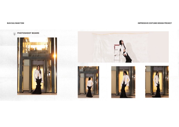 Photoshoot board: the finished look in an elevator setting, three angles.