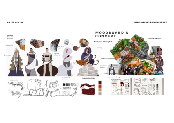 Moodboard and concept spread: the segmented-shrimp bag structure, deconstruction sketches.
