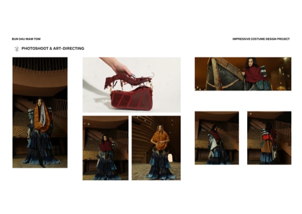Photoshoot and art-direction spread: the finished look with the shrimp-clasp bag.