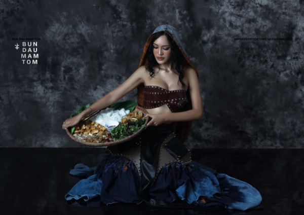 Full-bleed photoshoot hero: the model presenting the dish on a woven tray.