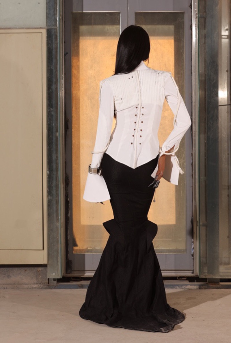Back view of the corset-laced shirt back