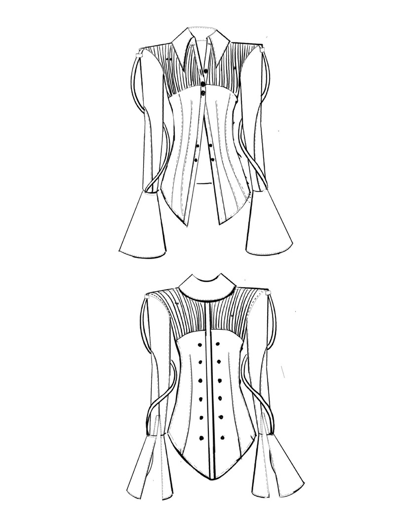 Black-and-white construction sketch of the shirt, front and back, with the wire-pleat yoke visible
