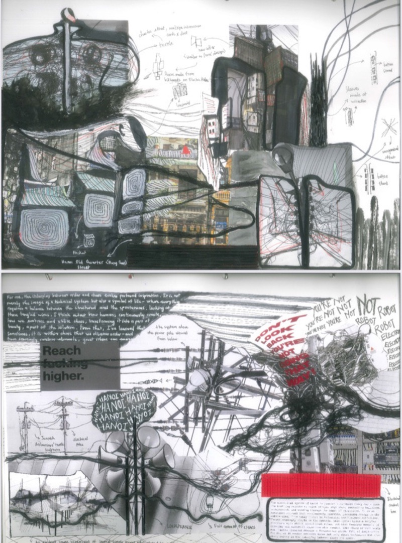 Sketchbook page of Hanoi's old-quarter electrical wires, the source of the concept