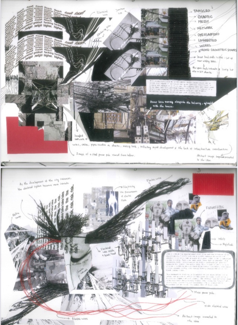 Hand-stitched wire-and-thread research spread pairing tangled Hanoi power-line photography with a hand-mapped wire diagram