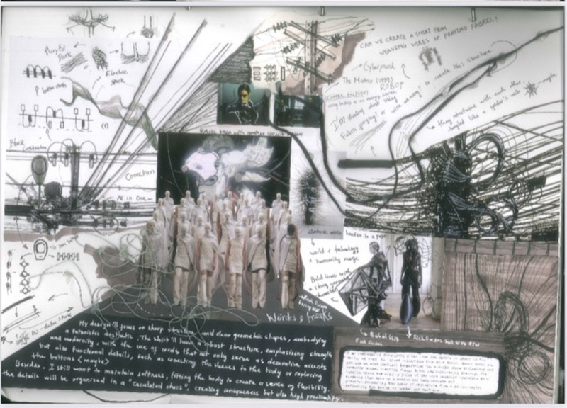 Concept development spread of hand-drawn wire coils and a croquis line-up with a handwritten design brief