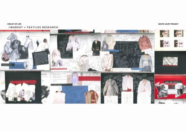 Market and textiles research board studying archive designers and shirt references.
