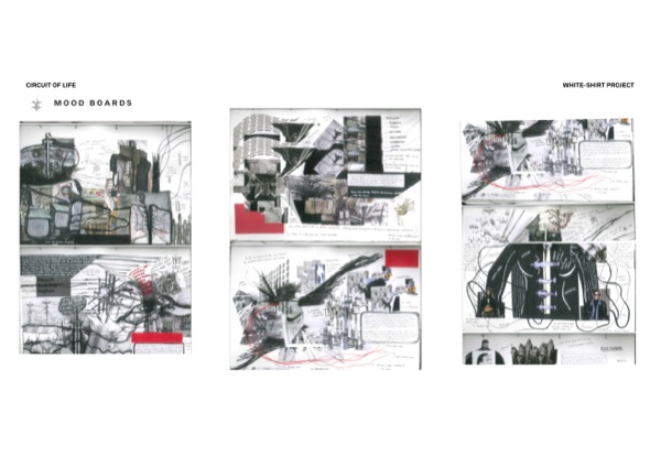 Mood boards mapping tangled wires, Rick Owens references, the mechanical-body concept.