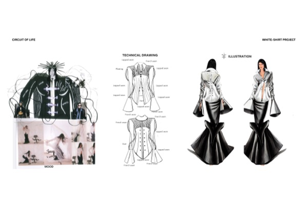Mood collage, technical drawing and final illustration of the finished shirt.