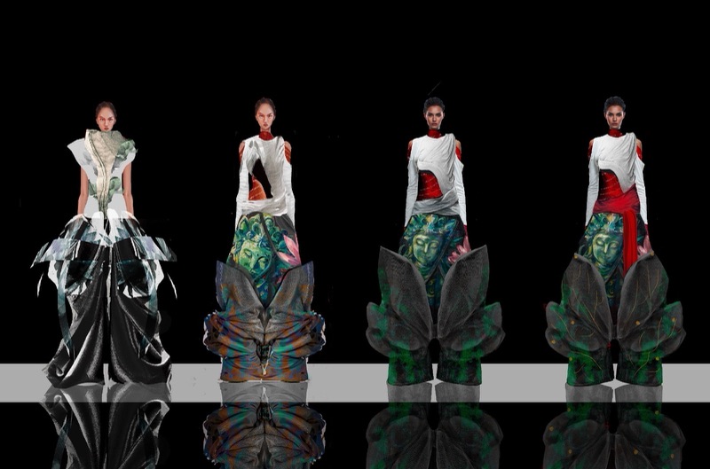 Four-look final line-up rendered on a black reflective runway