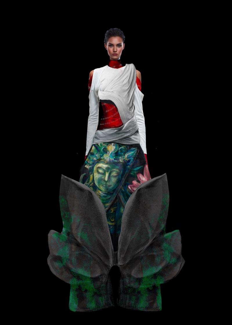 Single-look render: Guanyin-print skirt with structured mesh flares and red corset
