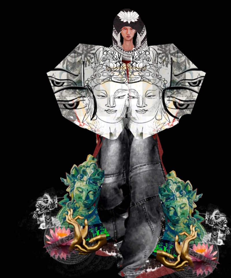 Look render collaged with lotus headdress imagery