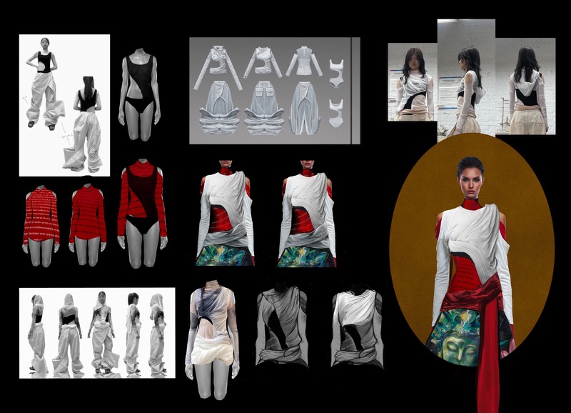 Design development board: fittings, 3D drape trials and print placement