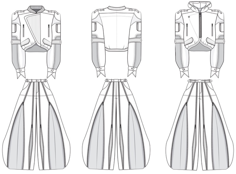 Technical flats of the denim jacket and zip trousers