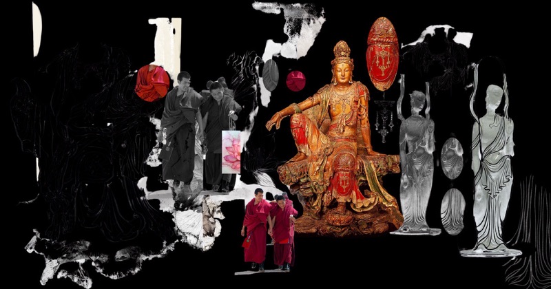 Pattern-development board: hand-drawn draping arrows shaping the ao dai sleeve, alongside heritage food and dress photography