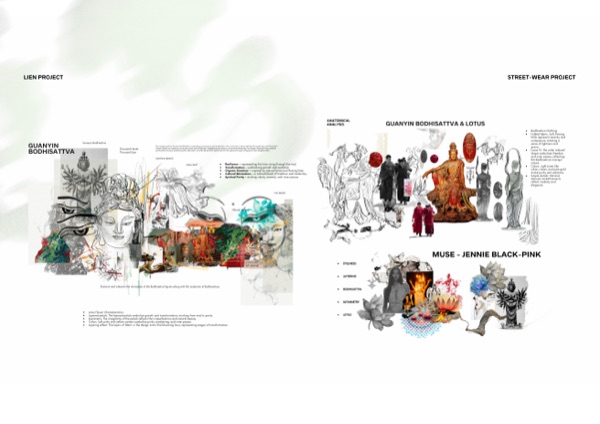 Textile research and colour palette board with a Jennie muse mood board.