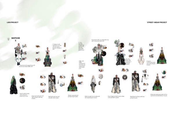 Design development refining the final look's silhouette and print.