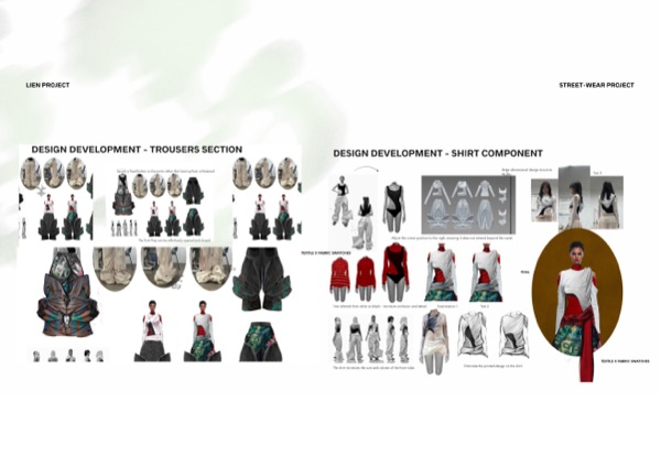 Design development for trousers and shirt, ending in the final look.
