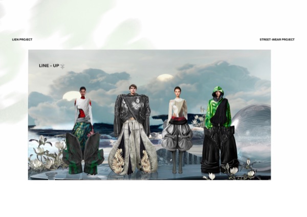 Full line-up illustration of all four looks against a cloud backdrop.