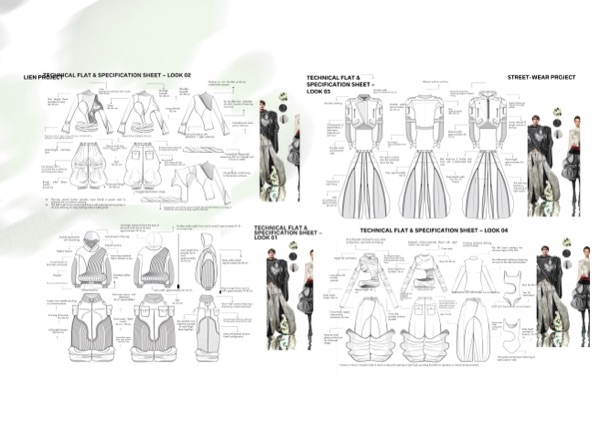 Technical flat and specification sheets for looks 1 through 4.