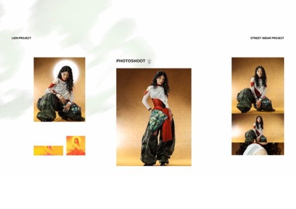 Photoshoot spread: the finished look under a golden halo light.