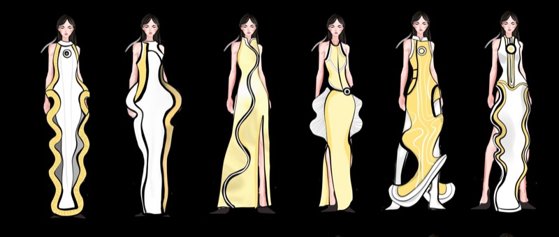 Six-look illustrated line-up of the collection on black