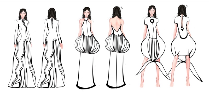 Black-and-white sketch line-up, front and back of three looks
