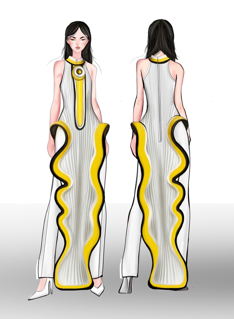 Front and back illustration of the hero wavy-trim gown