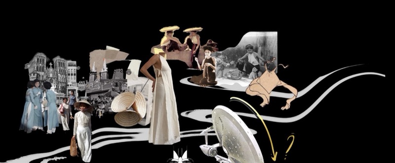Heritage-mapping board of colonial-era Hanoi postcards, women in ao dai and conical hats, and a flowing draped gown