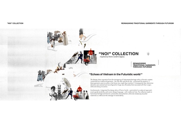 Project title spread: Noi, reimagining heritage garments through Cardin futurism.