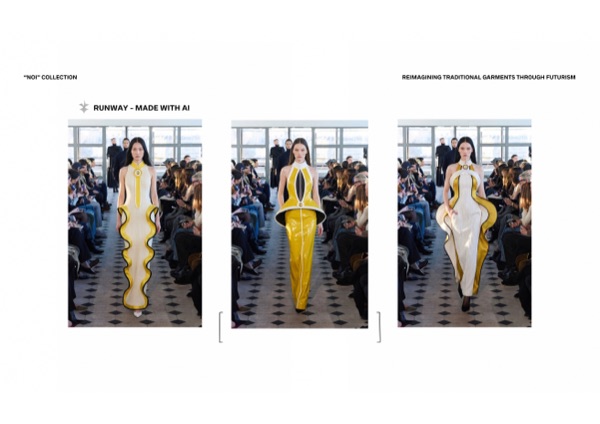 AI-generated runway spread showing the three looks staged as a live show.