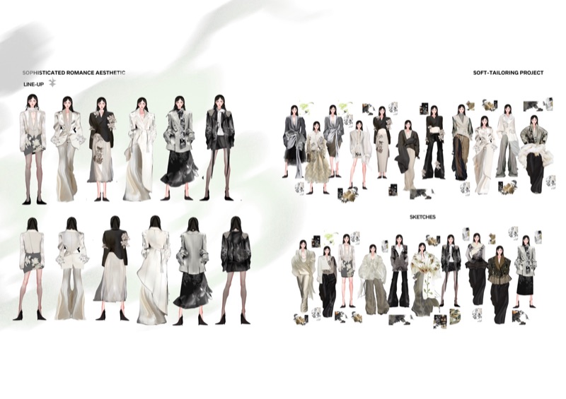 Twelve-look collection line up, front and back, with the sketch rows that preceded it
