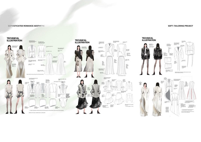 Technical illustration of the collection: flats and construction callouts for the key looks
