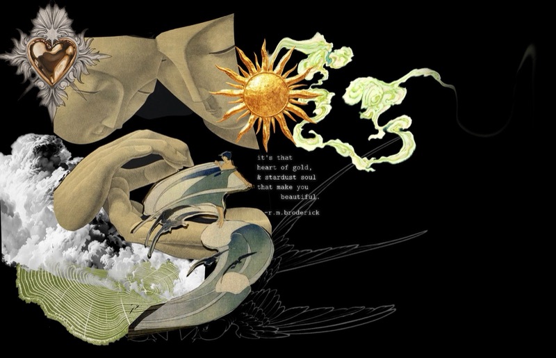 Dark concept collage of a gilded sun, hands and the heart-of-gold verse anchoring the collection's mood